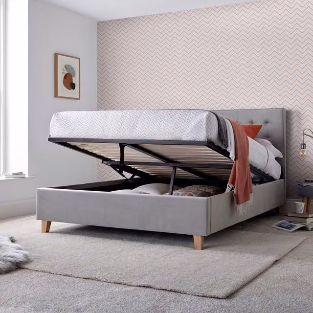 Bedmaster Kingham Grey Velvet Upholstered Ottoman Bed with Lift Up Base, W: 180 cm, D: 200 cm