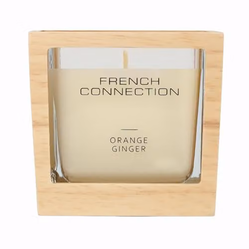 French Connection Scented Candle Collection Lemongrass and Ginger in Orange Ginger Reusable Wooden Holder 220g