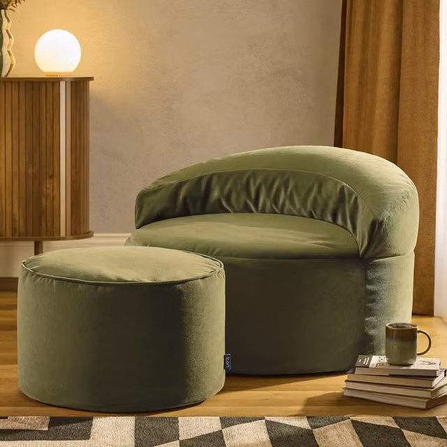 ICON Orb Accent Chair and Milano Round Footstool in Matt Green Velvet – 1