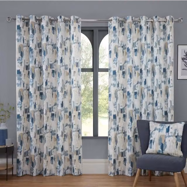 Sundour Bamford Blue Graphic Eyelet Curtains, Width: 168 cm, Drop: 183 cm