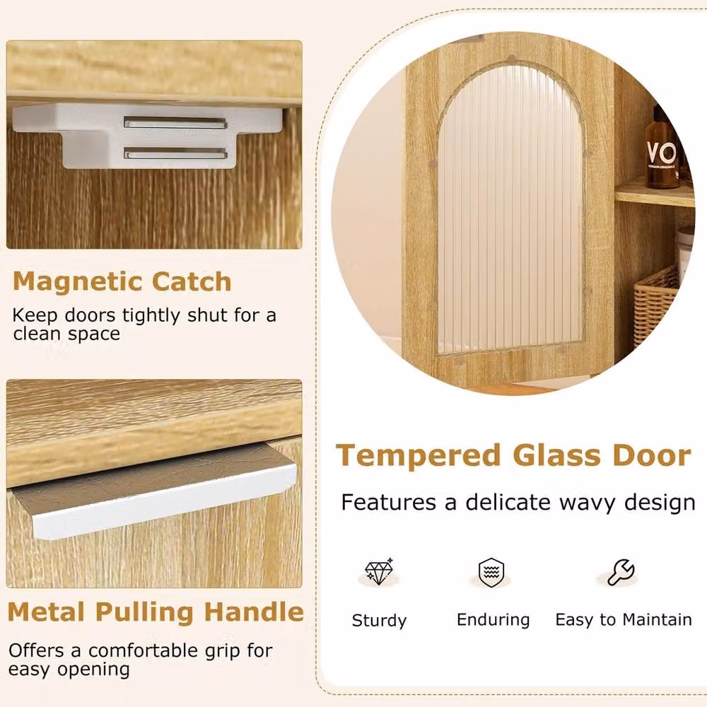 FORGEVIO Freestanding Scandinavian Bathroom Floor Cabinet with Glass Doors and Adjustable Internal Shelves in Natural Brown – 3
