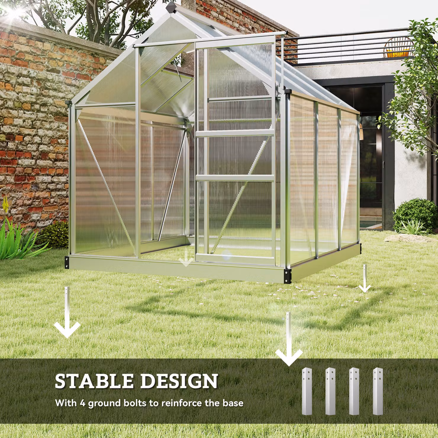 Outsunny Polycarbonate Greenhouse with Sliding Doors in Transparent Finish, W/D/H: 182.88 x 182.88 x 201 cm – 4