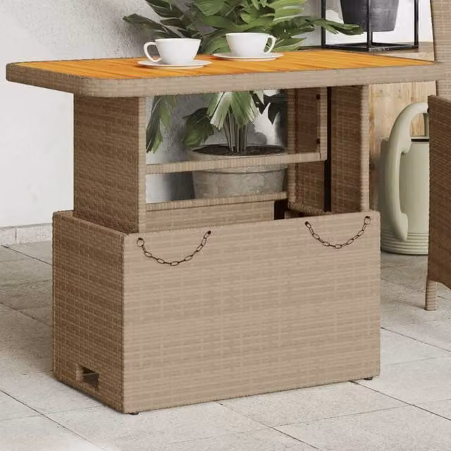 Berkfield Home Beige Poly Rattan and Acacia Wood Garden Table, W/D/H: 90 x 55 x 71 cm