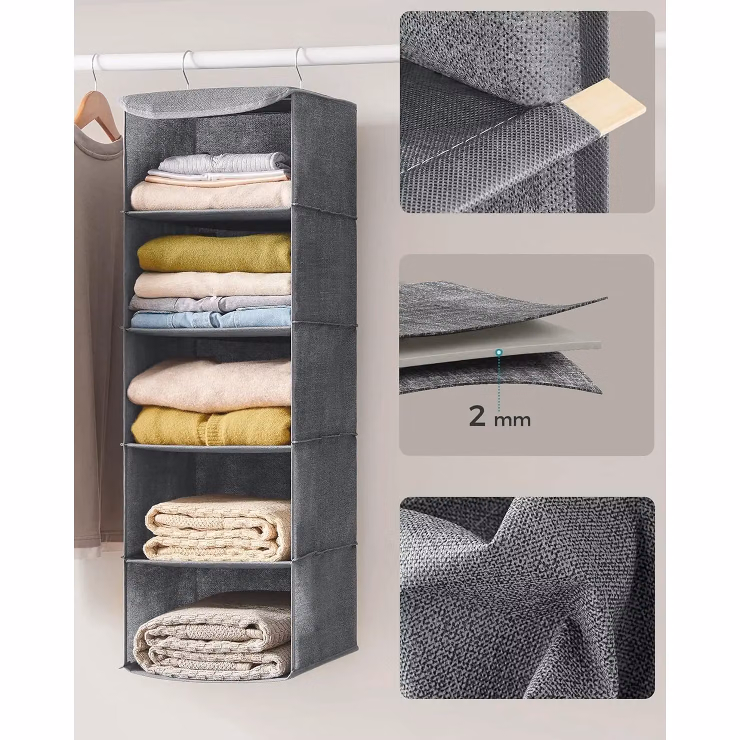 SONGMICS Vertical Closet Organizer Hanging Storage Collapsible Shelves in Grey – 4