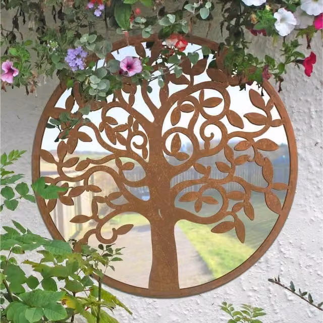 MirrorOutlet Tree Design Round Metal Garden Wall Mirror, Brown, W/D/H: 60 x 60 x 60 cm
