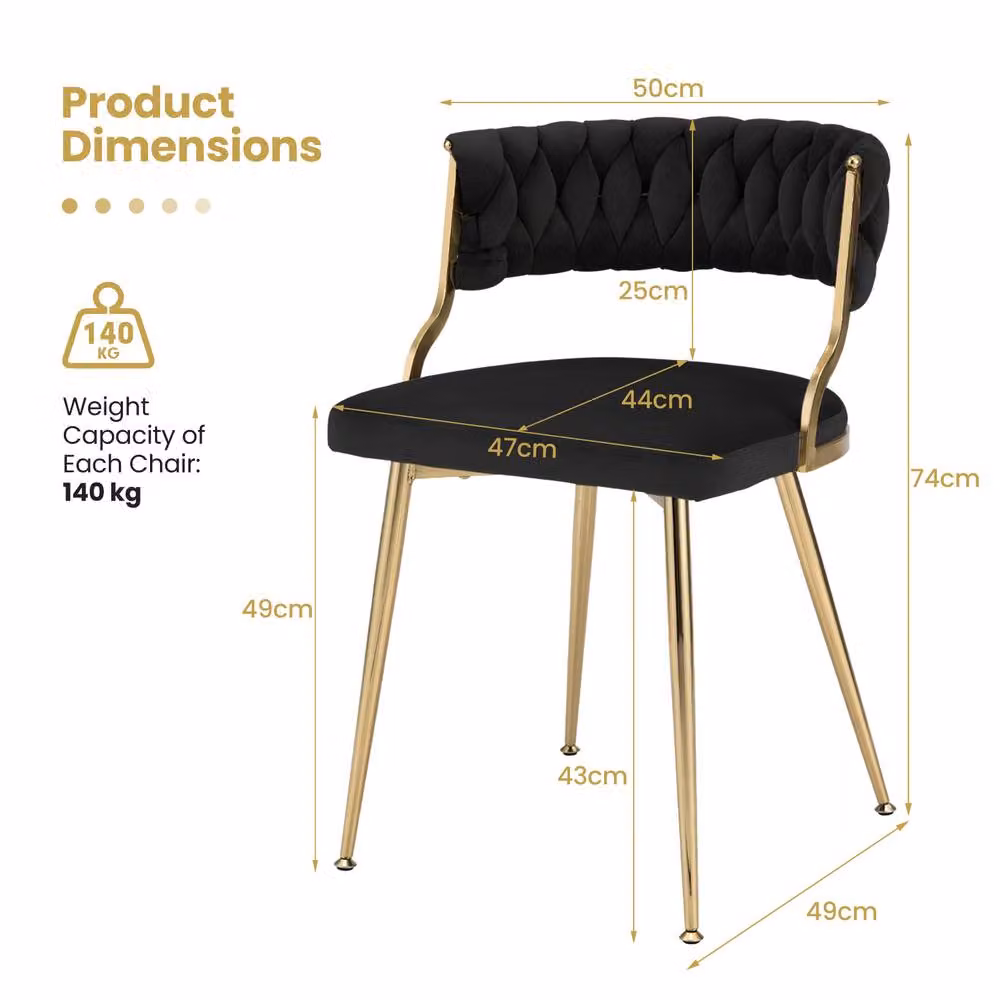 Costway Set of 2 Black Velvet Upholstered Armless Dining Chairs with Woven Back and Gold Metal Legs – 8