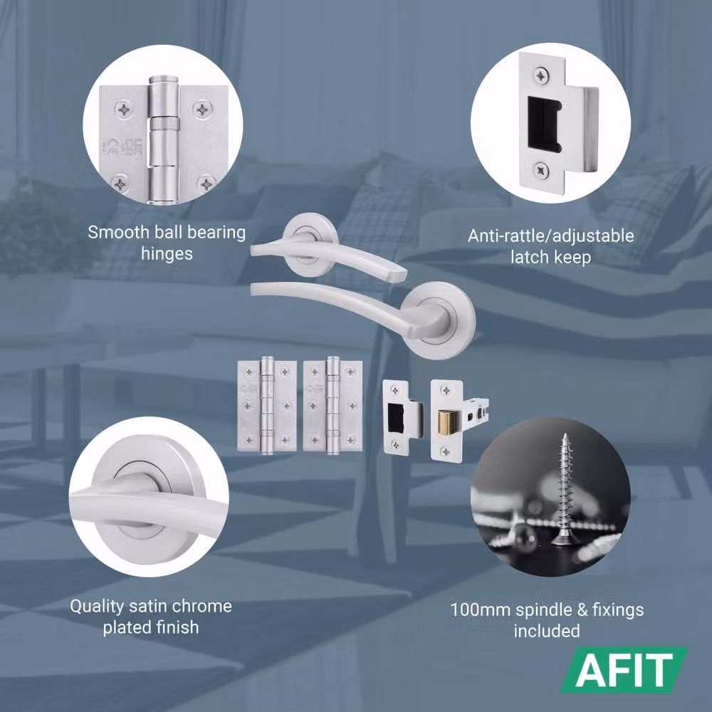 AFIT Satin Chrome Door Handle Latch Set with Hinges in Silver, Aluminium – 2