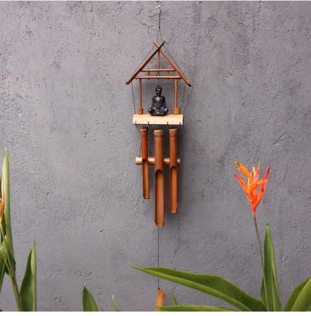 KDMD Handcrafted Bamboo Windchime with Black Buddha in Brown