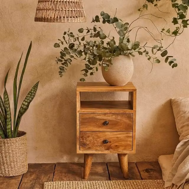 Wyld Haus Parma Mini Oak and Mango Wood Bedside Table with 2 Drawers and Open Shelf in Brown – 1