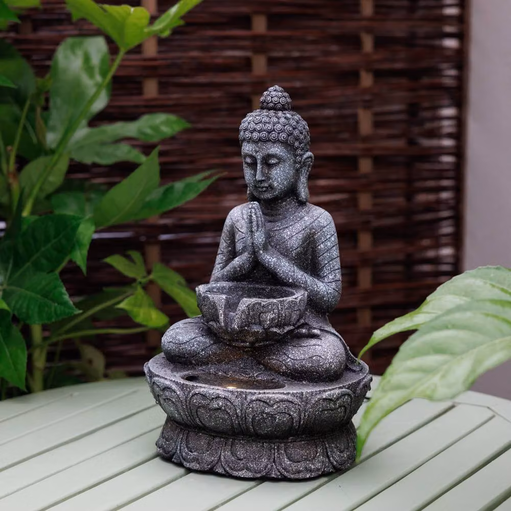 Primrose Praying Buddha Tabletop Water Feature with LED Lights in Grey – 2
