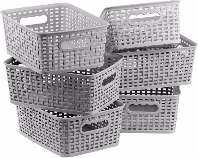 Nordara Set of 6 Stackable Open Weave Plastic Storage Baskets with Handles in Grey