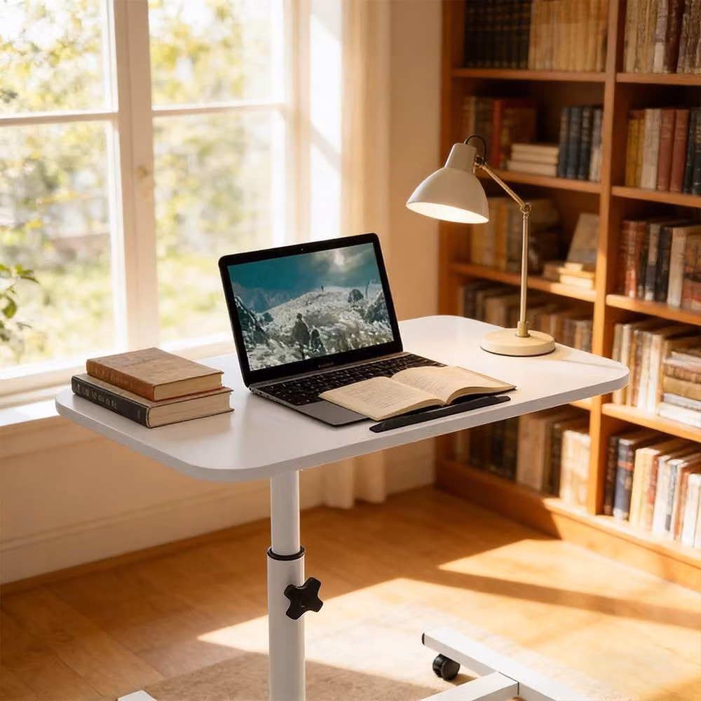 FORGEVIO White Height Adjustable Mobile Table with Castors – 4