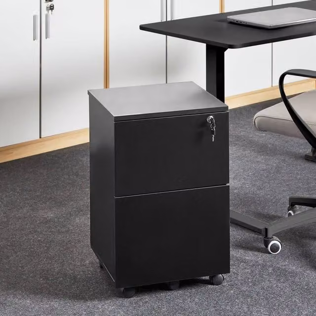 Wyld and Coco Black Wood Mobile Office Storage Unit with Lockable Drawers and Castors