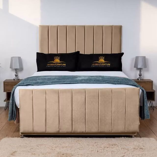 UK Bed Furniture Hampton Divan Bed Base with 26 Inch Headboard in Beige, W/D/H: 120 x 200 cm