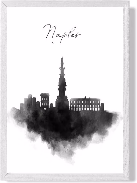 ARTZE Naples Watercolour Skyline City Framed Print, Black and White, A3 – 1