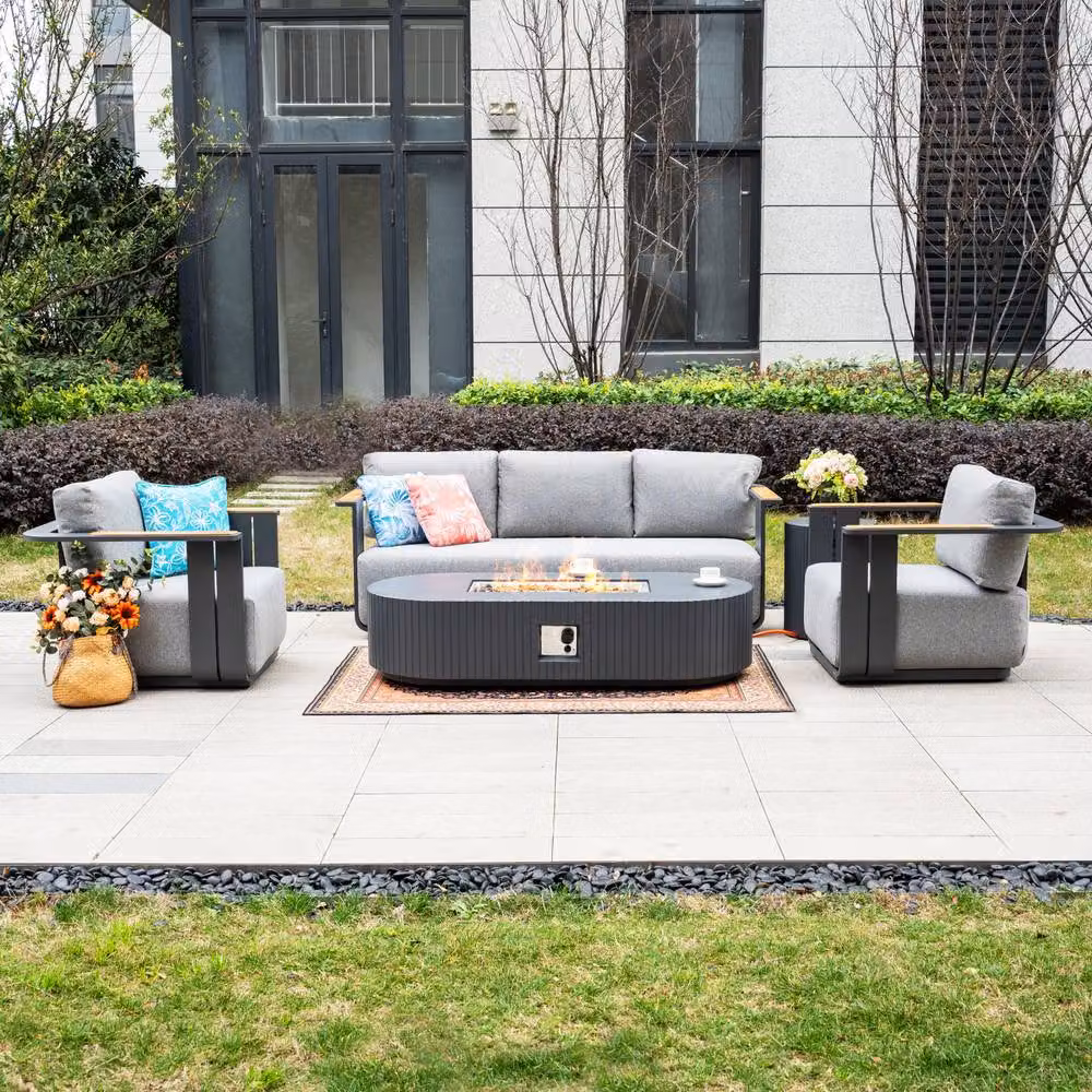 MIMO Outdoor 5-Seater Grey Powder Coated Aluminium Garden Sofa Set with Upholstered Cushions and Terrafab Fire Pit Table – 5