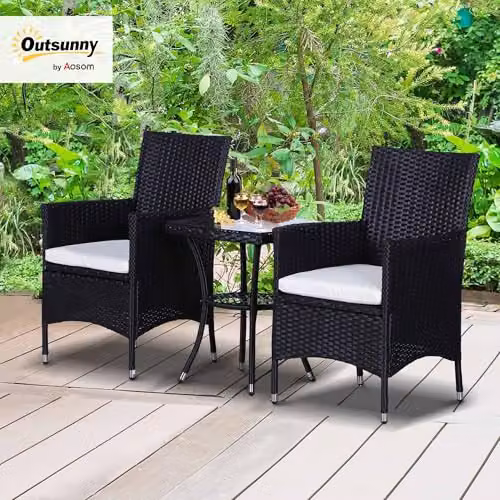 Outsunny 3 Piece Rattan Bistro Set with Glass Top Table and Chairs in Black – 2