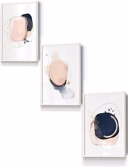 ARTZE Abstract Navy Blue and Blush Pink Boho Framed Wall Art in White, W: 33 cm, H: 45 cm, D: 20 mm