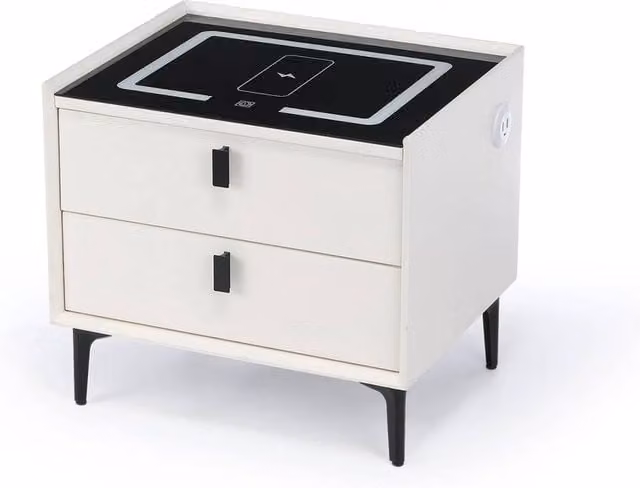 VOGREX Modern White Glossy LED Bedside Table with Integrated Lighting and 2 Drawers W: 100 cm, H: 80 cm – 1