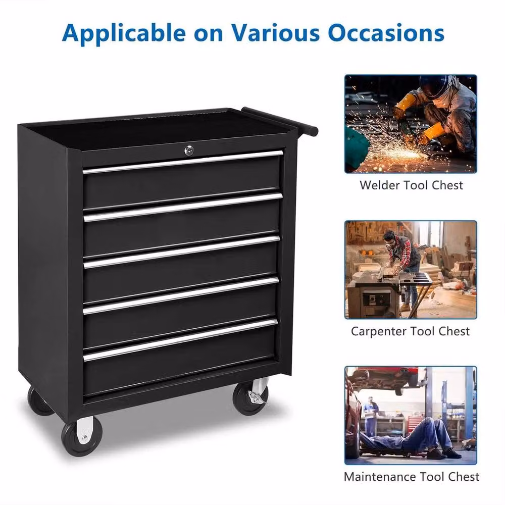 Kelvenix 5-Drawer Steel Tool Storage Cabinet in Black with Lockable and Rollable Design – 4