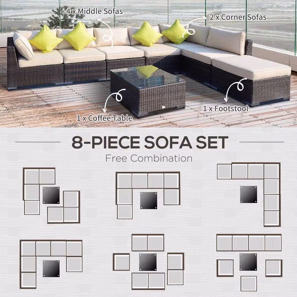 STILVORA 8-Piece Modern Sofa Set with Aluminium Frame and Brown Rattan – 5