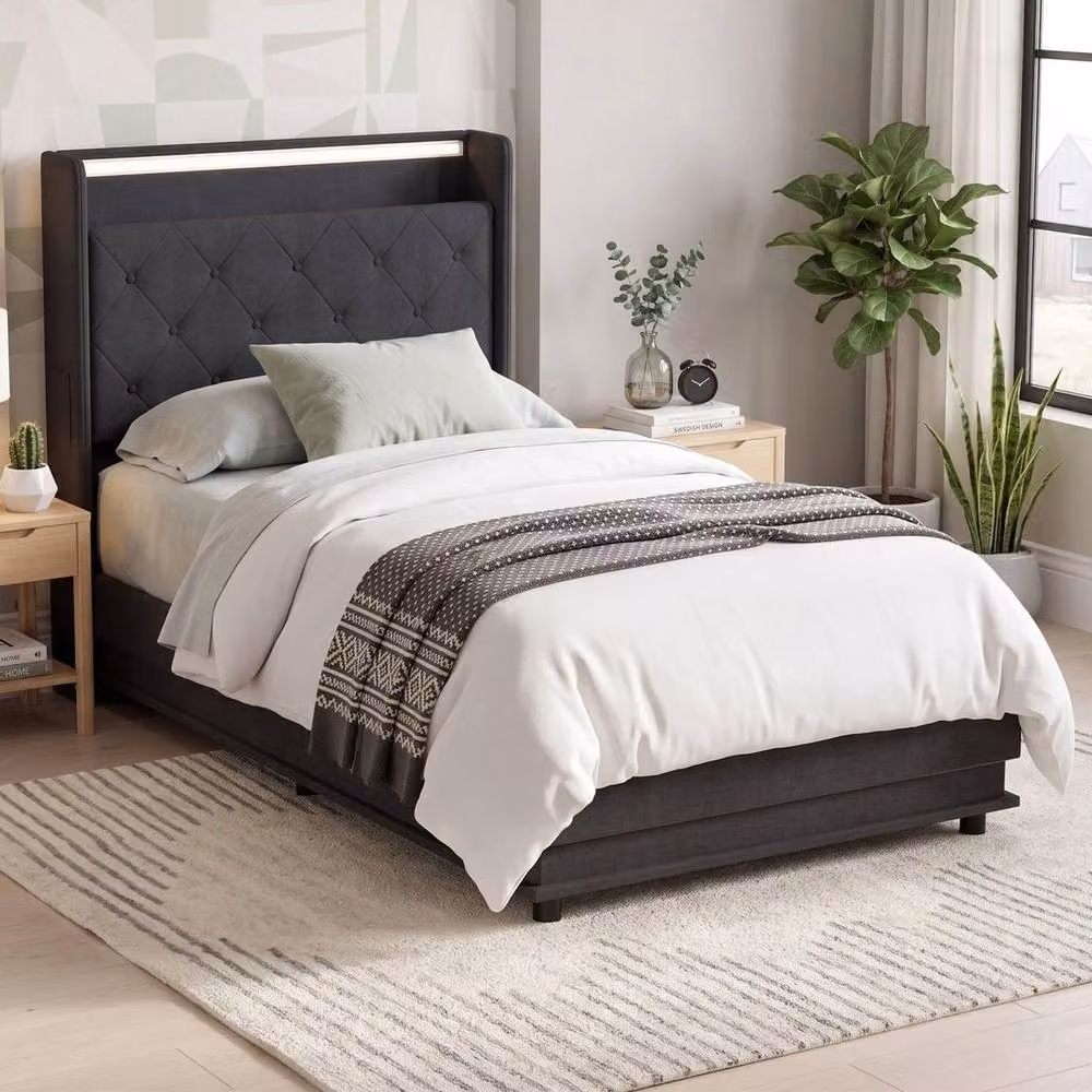 FORGEVIO Lift Up Storage Bed Frame with RGB LED Under-Bed Lighting in Dark Grey Fabric, 90 x 190 cm – 6