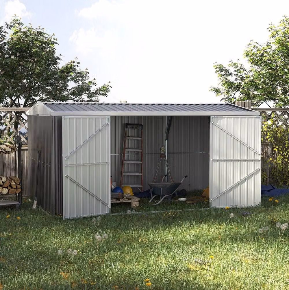 STILVORA Grey Galvanised Steel Garden Storage Shed with Lockable Double Doors and Window, W/D/H: 420 x 245 x 200 cm – 2