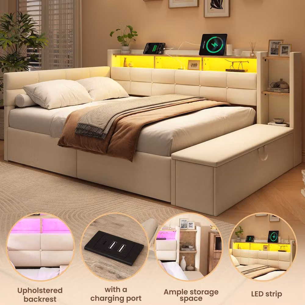 Merax Double Linen Upholstered Storage Bed with LED Lighting, USB Charging Port and Drawers, Beige, W/D/H: 140 x 200 x 111 cm – 3
