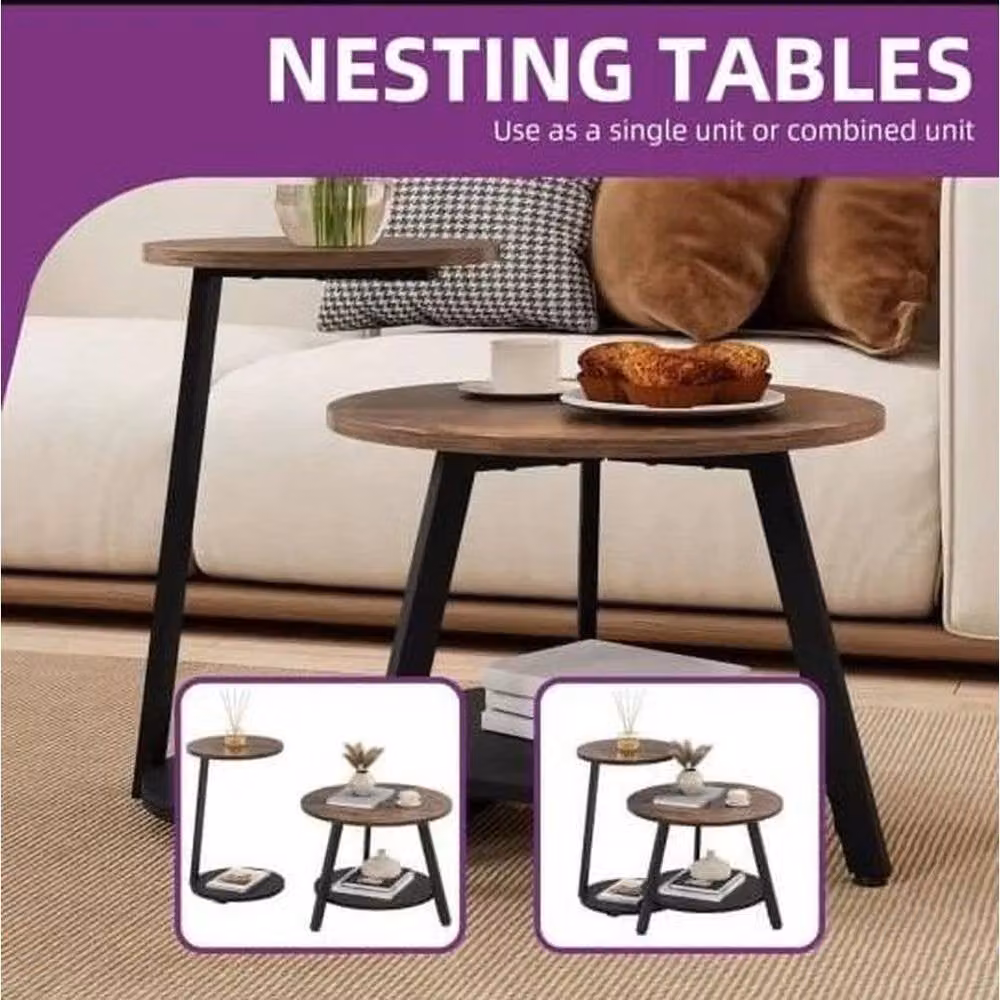 KORVIXA 2-Piece Round Nesting Coffee Table Set in Brown Wood – 3