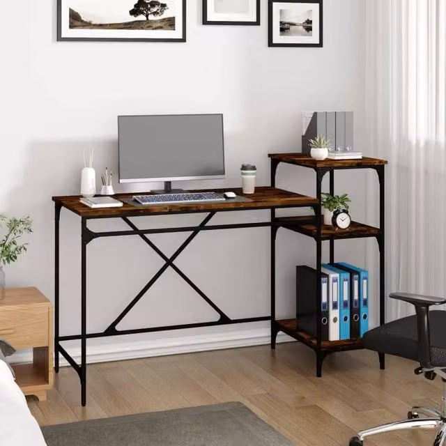 Berkfield Home Charming Writing Desk with Shelves in Smoked Oak Brown, W/D/H: 135 x 50 x 90 cm