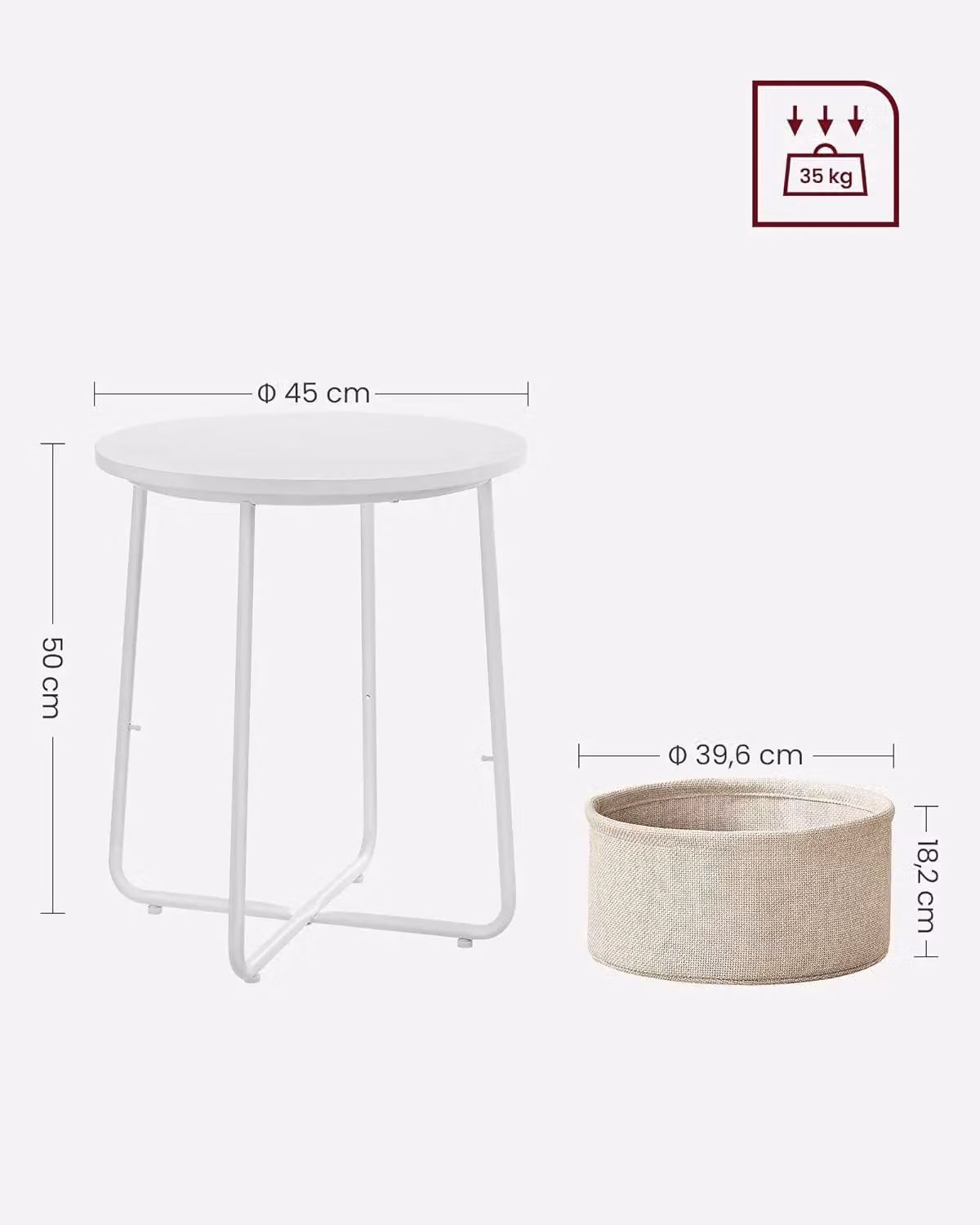 VASAGLE Modern Round End Table with Fabric Basket in White – 2
