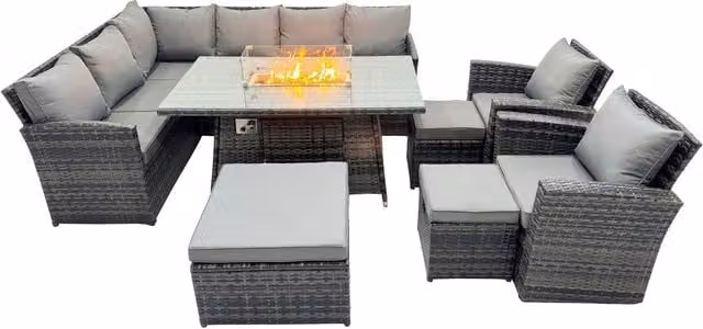 Fimous 11-Seat Poly Rattan Outdoor Sofa Set with Fire Pit Table in Dark Grey Mixed