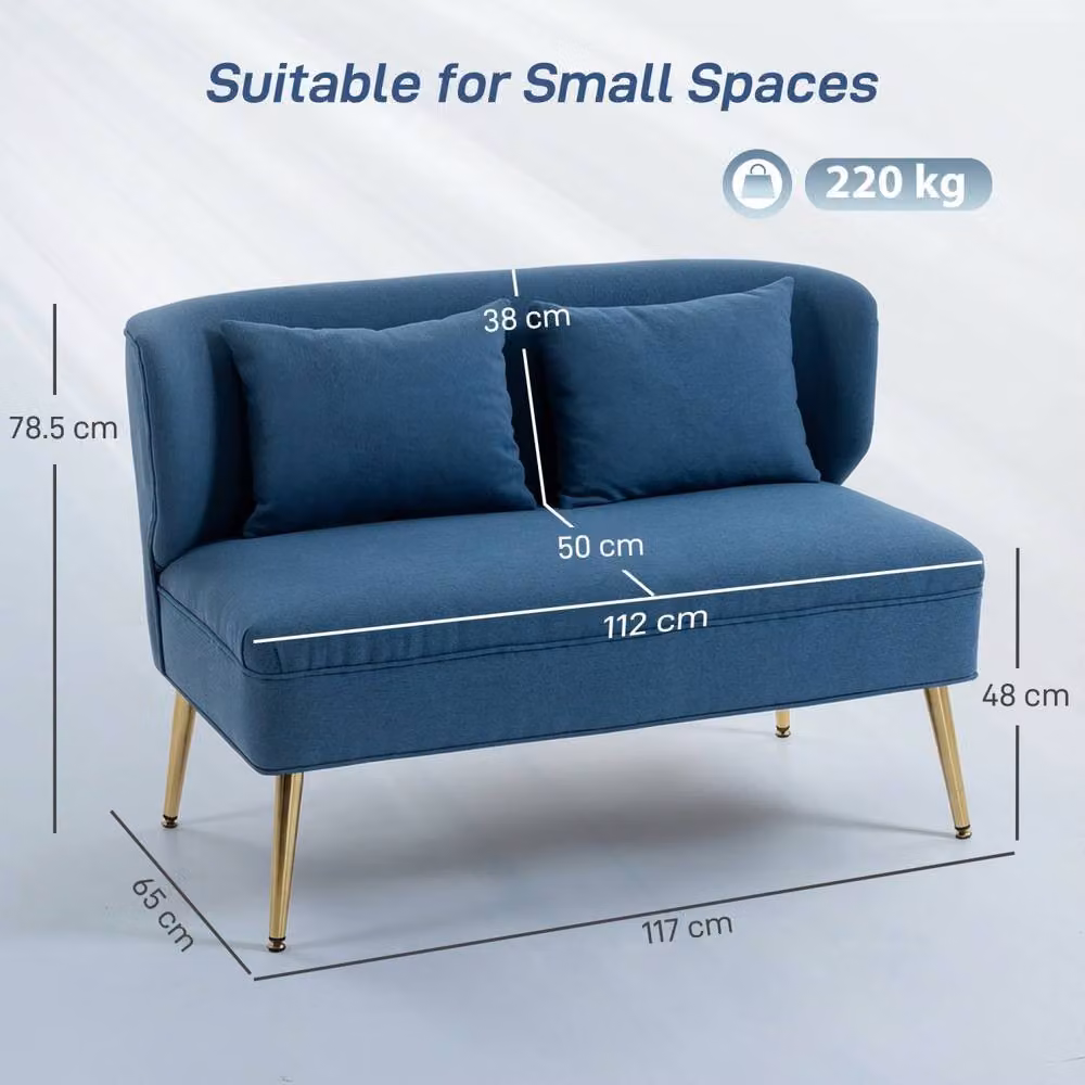 Wyld Haus Taco 2 Seater Wingback Sofa in Dark Blue Linen Look with Gold Metal Frame – 3