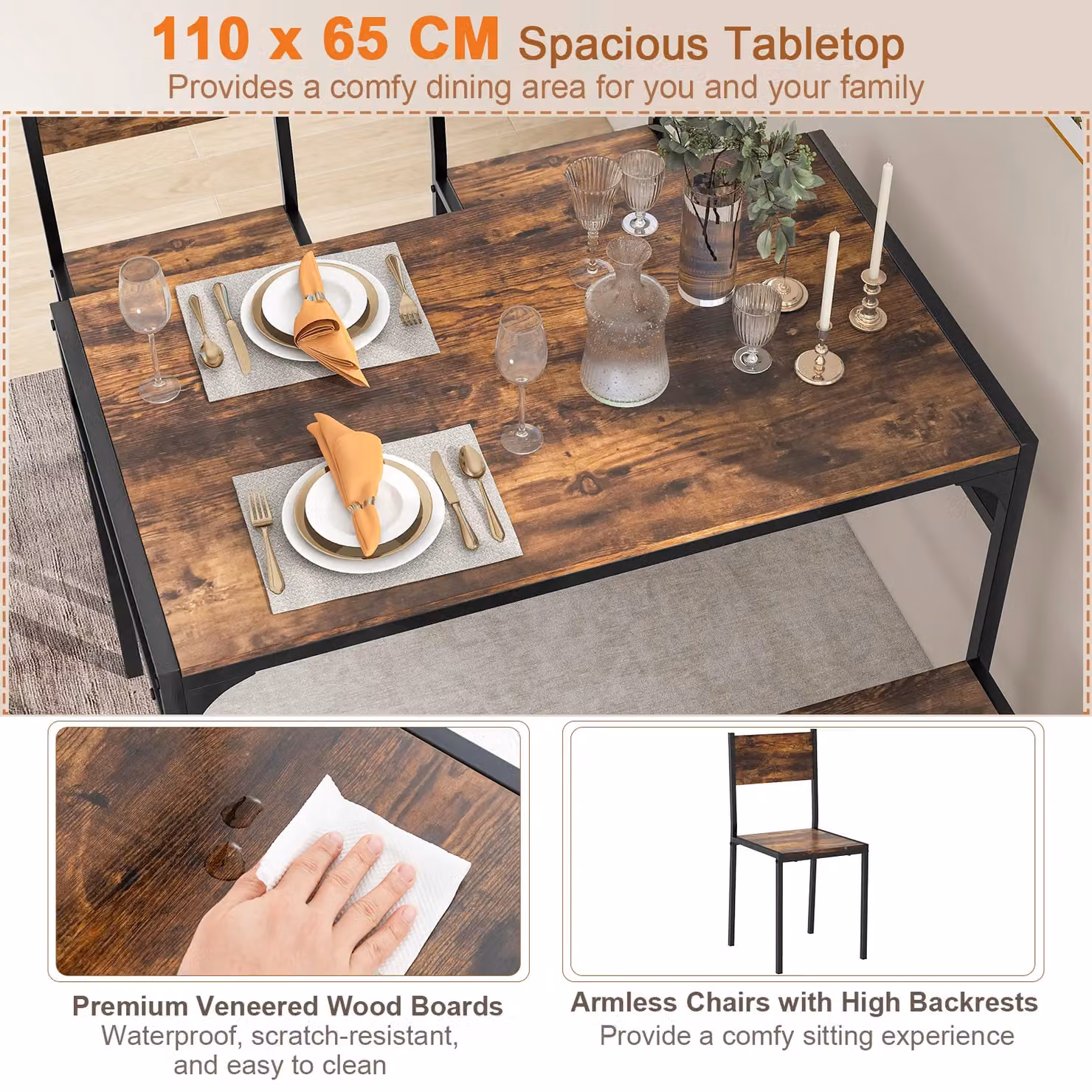 Costway 4-Piece Industrial Dining Set with Rectangular Kitchen Table, Chairs and Bench in Brown – 2