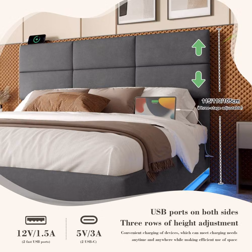 Direct Wicker Grey Velvet Upholstered King Bed with LED Lighting, USB Charging Ports and Lift Up Base, 180 x 200 cm – 6