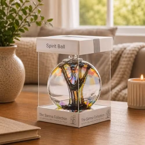 Sienna Glass Spirit Ball Handcrafted Mouth-Blown Glass Ornament in Purple, Green and Blue with Tree of Life Design, Diameter: 10 cm – 3