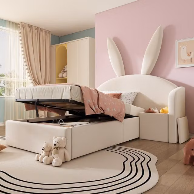 Bunny Ears Single Bed with Hydraulic Storage and Nightstand in Cream/Beige/White, W/D/H: 90 x 190 cm