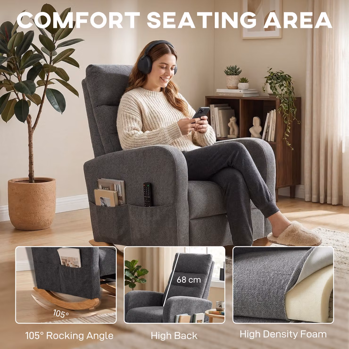 HOMCOM Grey Upholstered Rocking Chair with Retractable Footrest and High Back – 4