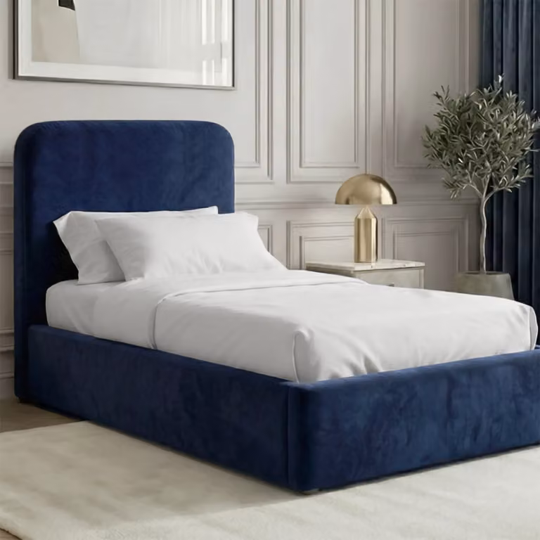 Pluva Velvet Ottoman Storage Bed Frame in Blue, W/D/H: 140 x 190 cm