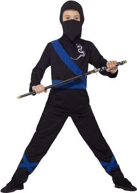 Smiffys Childrens Ninja Assassin Costume in Black and Blue for Ages 7-9 Years