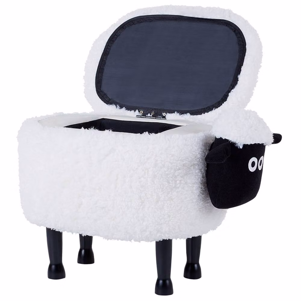 Wyld and Coco Kids Sheep Footstool with Storage in White Faux Fur with Rubberwood Legs – 4