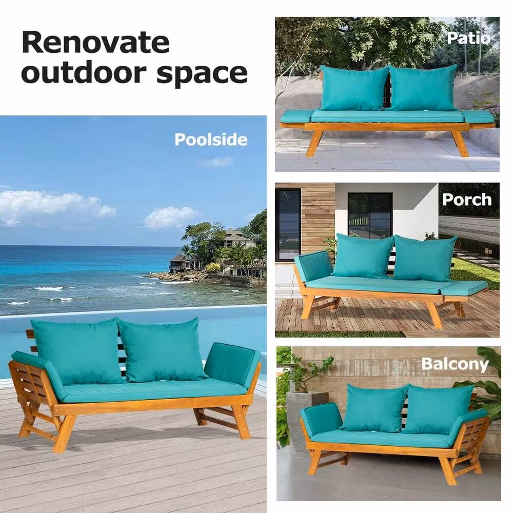 FORGEVIO Turquoise Acacia Wood Folding Garden Sofa Bed Daybed with Armrests – 4
