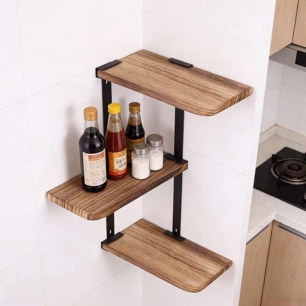 KORVIXA 3-Tier Rustic Brown Wall Mounted Corner Floating Storage Shelves – 2