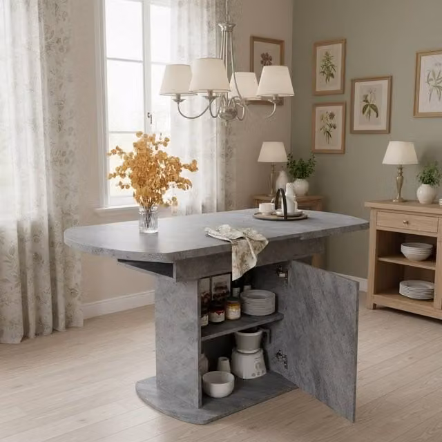 Rolipo Extendable Oval Dining Table in Cement Grey with Storage