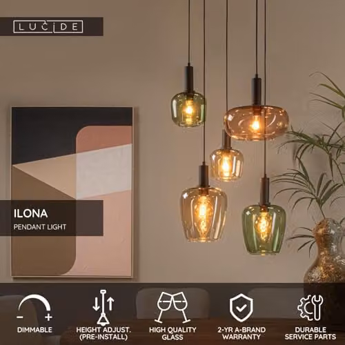 Lucide Ilona Black Glass Pendant Light with 5 x E27 Sockets and Adjustable Height – 2