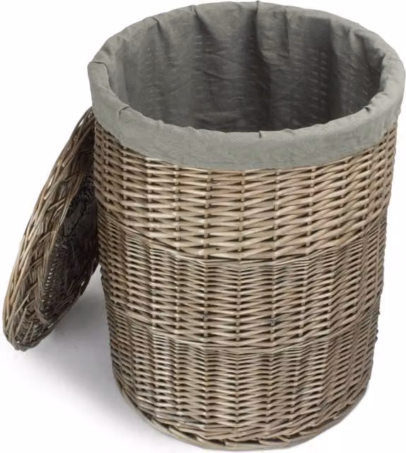Red Hamper Antique Wash Round Linen Wicker Basket with Handles and Removable Cotton Lining in Grey, Diameter: 46 cm, Height: 60 cm