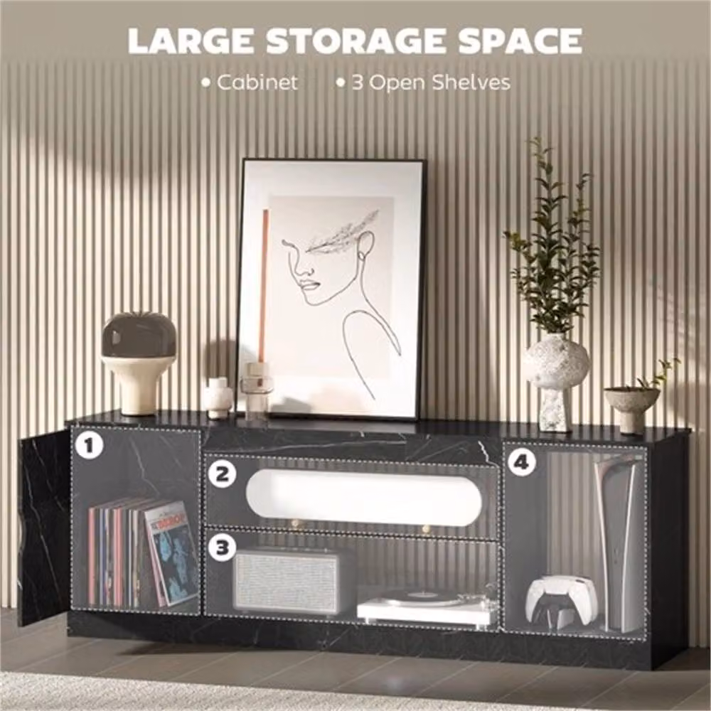 Nordara Black Marble Effect TV Stand Cabinet with Glass Shelf and Media Compartments, W: 148 cm, D: 35 cm, H: 52.6 cm – 4