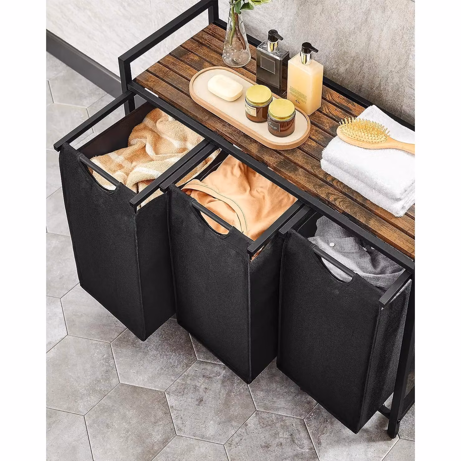VASAGLE 3 Compartment Laundry Basket with Shelf and Metal Frame, Black – 3