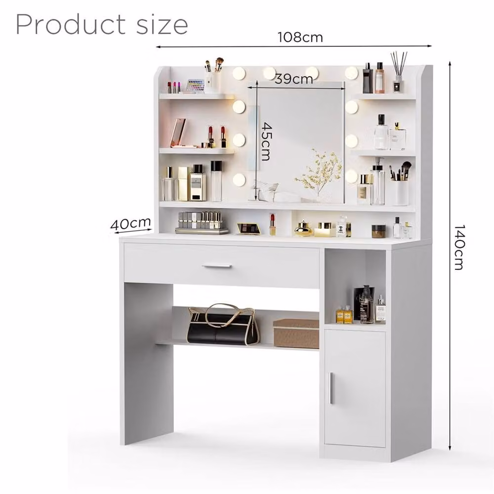 Nordara Hollywood LED Mirror Dressing Table with 8 Shelves in White – 2