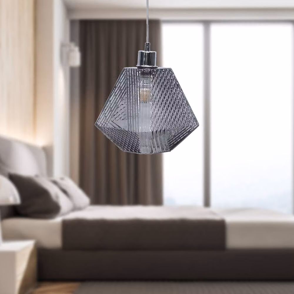 First Choice Lighting Lens Chrome Pendant Light with Smokey Textured Glass in Silver – 3